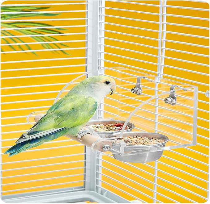 Bird feederDouble Removable Cups - Splash Protection and Natural Wood - cage Safety Hook Design - Splash Proof and Easy to Clean - Small/Medium Birds