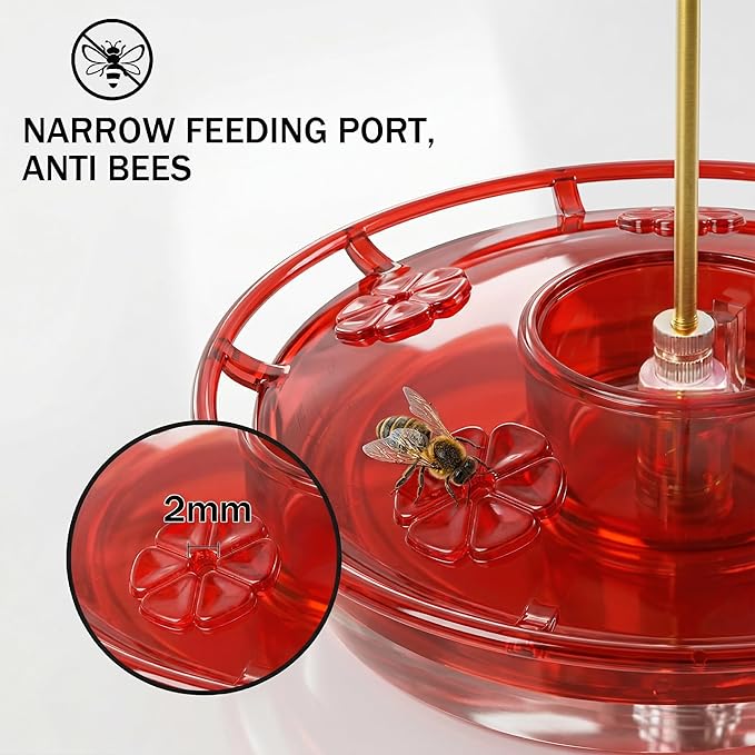 eWonLife Clear Ruby Hummingbird Feeders for Outdoors, 2 Pack 16OZ Leak Proof Saucer Humming Bird Feeder with Integrated Ant Moat, Bee Proof 5 Feeding Ports, Brush, Hanging Garden Decor for Mom