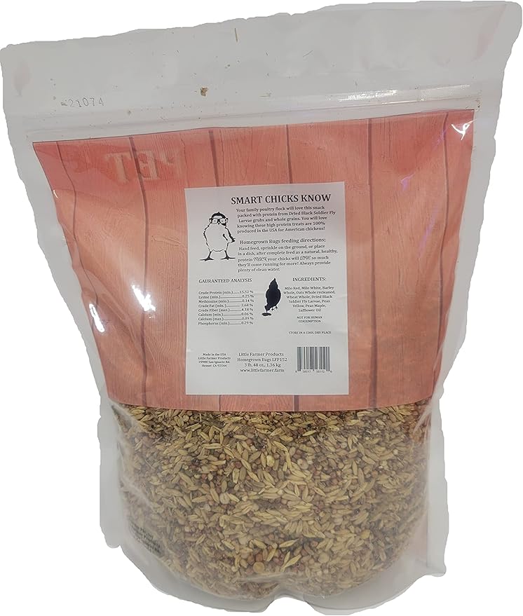 Homegrown Bugs Premium Non-GMO Black Soldier Fly Grubs and Grains, Poultry Treat Supplement, USA Grown (3LB)