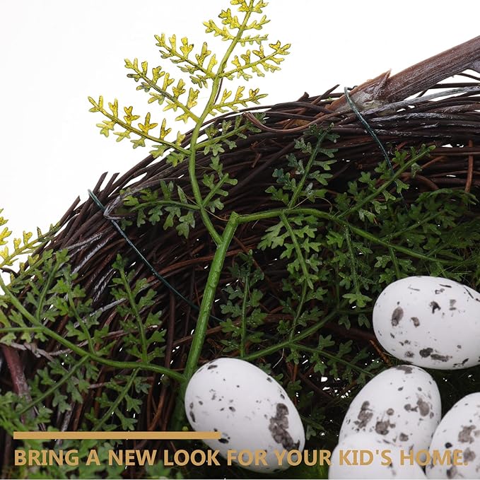 NUOBESTY 1 Set Artificial Bird Nest with 5 Simulation Eggs, Decorative Rattan Nest Ornament for Garden Patio Balcony Home Crafting