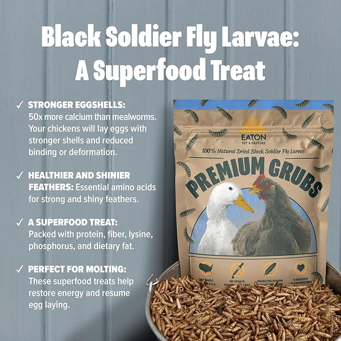 Eaton Pet and Pasture Premium Grubs, USA Grown Dried Black Soldier Fly Larvae, High Calcium Treat for Chickens, Ducks, Wild Birds (1 LB) (Pack of 2)