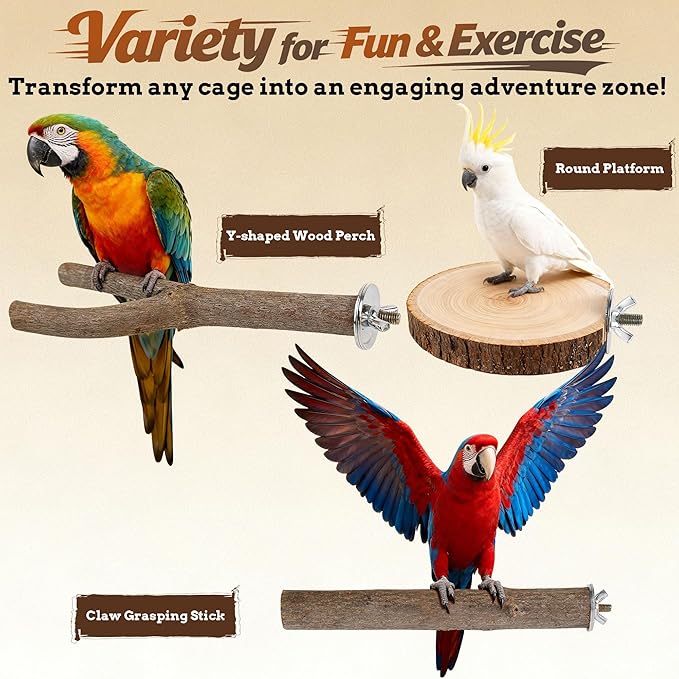 6 PCS Bird Perch Set, Natural Birch Wood Straight & Forked Perches with Platforms for Parakeets, Cockatiels, Conures, Lovebirds - Cage Accessories for Climbing & Exercise