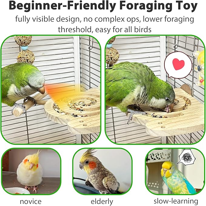 Bird Foraging Toys with Perch, Kiln-Dried Wood Bird Enrichment Toys for Slow Feeder, Parakeet Toy for Cages Reduce Seed Mess, Visible Food Design Parrot Puzzle for Novice/Older/Slow-Learning Birds