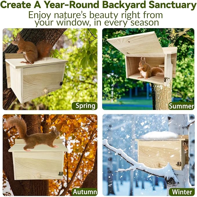 oyhqes Squirrel House Outside, Squirrel Wood Nesting Box with Window, Wooden Houses with Predator Guard, Hanging Shelter for Squirrels, Chipmunks, Birds, and Backyard Small Wildlife