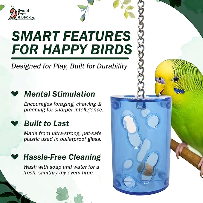 Sweet Feet and Beak Bird Proof Cockatiel Foraging Toys and Chewing Bird Toys for Parakeets – Refillable Plastic Container with Colorful Wooden Sticks – Durable & Small Size