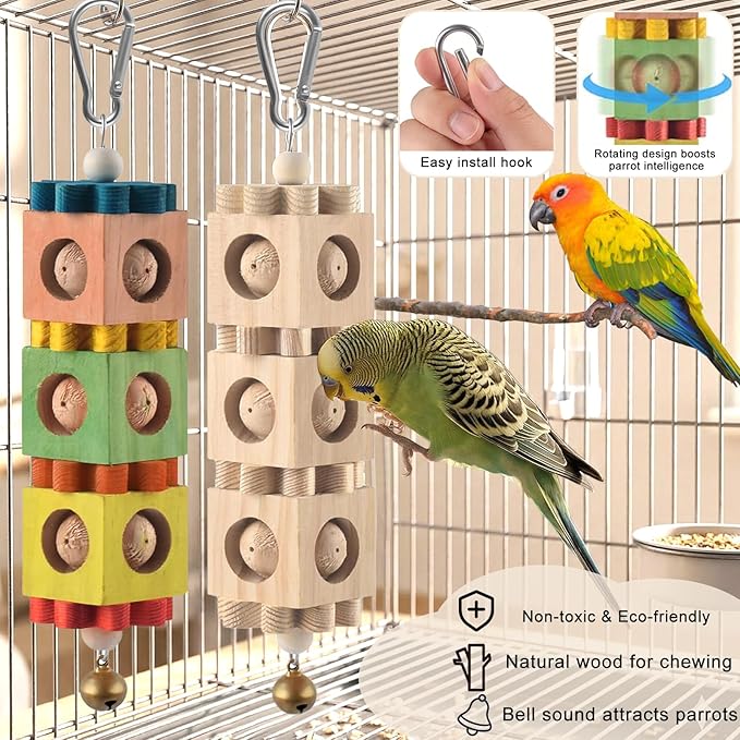 4PCS Parakeet Toys Bird Perch Set with Forked Perches & Round Log Platform, Bird Toys for Parakeets Hanging Rotating Wood Block with Bell Parrot Perch for Cockatiel, Conure, Caique