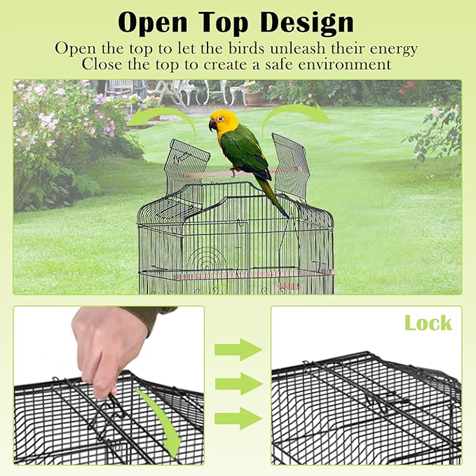 64 Inch Open Top Bird Cage Stand Medium Small Parrot Parakeet Cage with Rolling Stand,Wrought Iron Bird Cage for Cockatiels Lovebirds Parrotlet Flight Conure Pigeon,Black