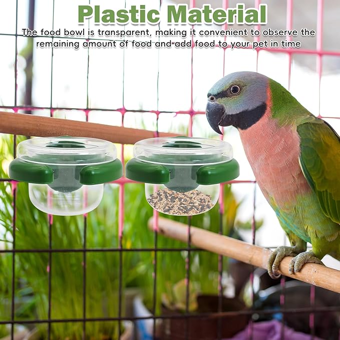PINVNBY 4 PCS Bird Food Bowl Bird Cage Feeder with Clamp, Easy to Install Feeding Dish Cups Transparency Parakeet Food Dish for Finches Lovebirds and Long-Tailed Parrots （Green）