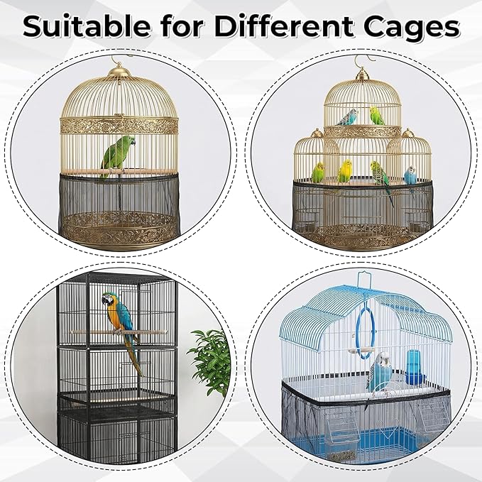 Large Bird Cage Cover Bird Cage Seed Catcher 118 x 31 Inches Adjustable Elastic Band Mesh Birdcage Cover Net Skirt for Parrot Parakeet Macaw African Cages (Black)