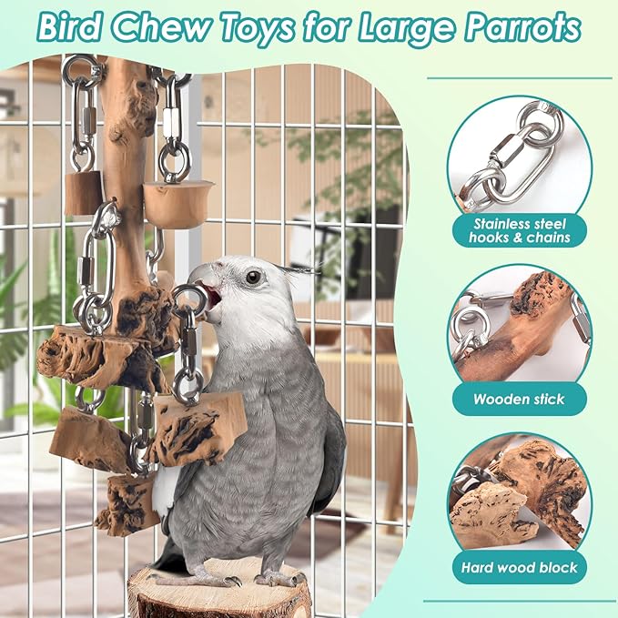 DBNESS Bird Toys for Parrot, Durable Stainless Steel Large Birds Chew Toy, Hanging Detachable Natural Hardwood Blocks for Medim to Large Eclectus, African Greys, Amazon Parrot, Cockatoo