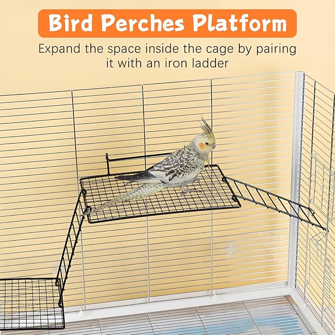 BNOSDM 4 PCS Bird Perches Platform, Stainless Steel Grid Platform for Parakeet Parrot Stand with Climbing Ladder Bird Cage Accessories for Small to Large Birds (Black)