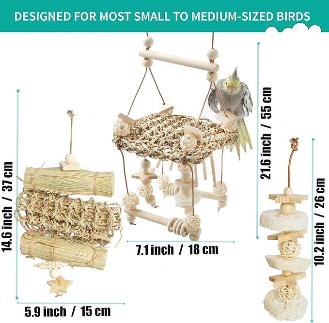 6 Pcs Natural Bird Toys for Parrots - Seagrass Swing, Loofah, Wood & Corn Husk Chew Toy Set - Shredding Enrichment Kit for Small to Medium Cockatiels, Parakeets, Conures, Budgies