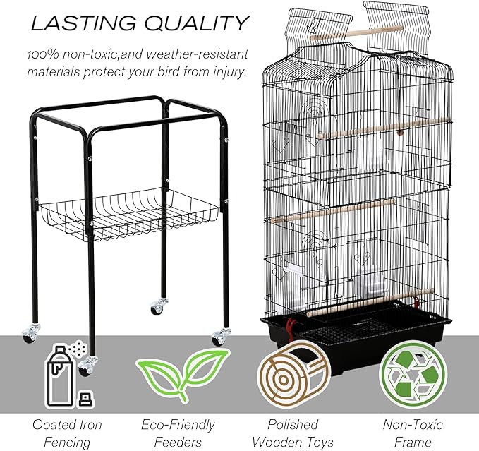 HCY Bird Cage Parakeet 64 inch Open Top Standing Parrot Accessories with Rolling Stand for Medium Small Cockatiel Canary Conure Finches Budgie Lovebirds Pet Storage Shelf, Black, 64x13x17 (Pack of 1)