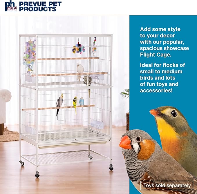 Prevue Pet Products Wrought Iron Bird Flight Cage with Wheels - Large Birdcage for Parakeets, Canaries, Finches, Cockatiels, Lovebirds, Green Cheeks, Metal Standing Birdcage - Chalk White