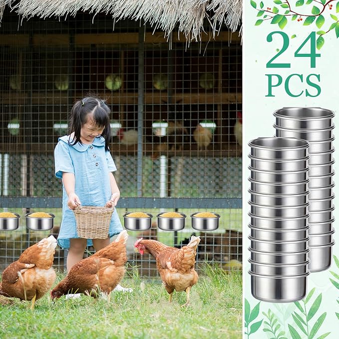 Ziliny 24 Pcs Stainless Steel Parrot Food Bowls Bulk 10 oz Bird Feeding Dish Cups for Cages Bird Bowls with Clamp Pet Water Feeders Cage Accessories for Parakeet Parrot Budgie Rabbit Chicken