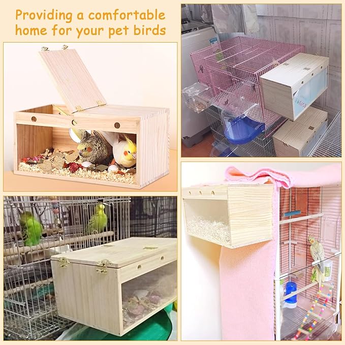 PINVNBY Large Natural Wood Parakeet Nesting Box Budgie Breeding Box Acrylic Bird Nest for Cage Transparent Panoramic for Birds, Parrots, Cockatiels, Lovebirds, Canaries (L: 11.8 x 5.7 x 5.9 inch)