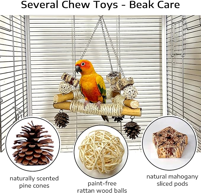 Large Bird Swing for Cage with Chew Toys, 3 Sisal-Wrapped Bird Perches & Stable Triangle Design, Wooden Hanging Quaker Toy Swing for Medium-Sized Bird Cockatiel Ring-Necked Caique Balance Training (L)