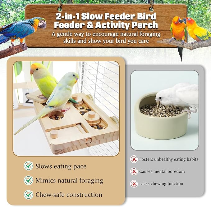 BNOSDM Wooden Bird Foraging Toys with Paw Grinding Sticks, Natural Wood Enrichment Puzzle Toys for Training & Chewing Stand Platform Feeder Cage Accessoriesfor Parrots, Parakeets, Cockatiels, Conures