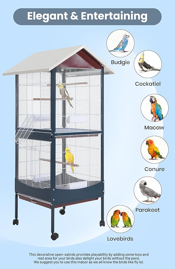 Garvee Bird Cage, 66''H Extra Large Bird Cage, w/Removeble Tray, Waterproof Roof, Easy to Clean, Lockable Caster, Indoor& Outdoor Application for Conure,Macaw,Budgie,Cockatiel,Lovebirds,Parakeet