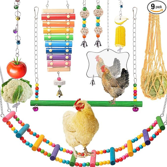 Chicken Toys for Coop 9PCS Set, KAKUNM Chicken Enrichment Toys, Including Xylophone, Swing, Chicken Mirror, Chicken Flexible Ladder, Vegetable String Bag and Hanging Feeder Coop Toy Accessories