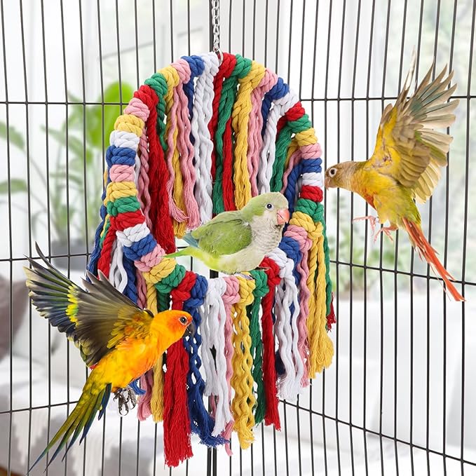 Wontee Bird Rope Chewing Toys Parrot Cage Bite Toys Colorful Hanging Ring Swing Perch for Cockatiel Conure Quaker African Grey Amazon Parrots