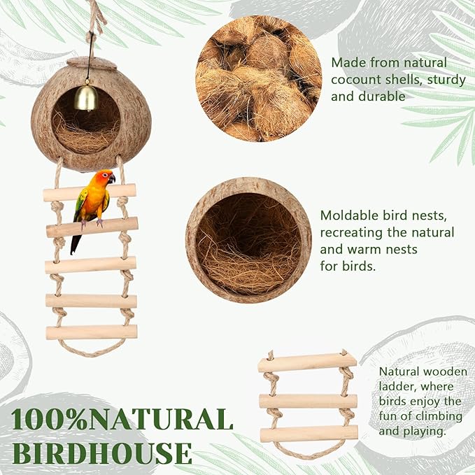 Briwooody Coconut Shell Bird Nest House Breeding Bed Nestingand Anti-Pecking Bite with Natural Coir Fiber Bird Nest Toy Bell for Parrot Budgie Parakeet Cockatiel Conure Lovebird Canary Finch(Classic)