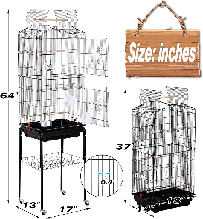 HCY Bird Cage Parakeet 64 inch Open Top Standing Parrot Accessories with Rolling Stand for Medium Small Cockatiel Canary Conure Finches Budgie Lovebirds Pet Storage Shelf, Black, 64x13x17 (Pack of 1)