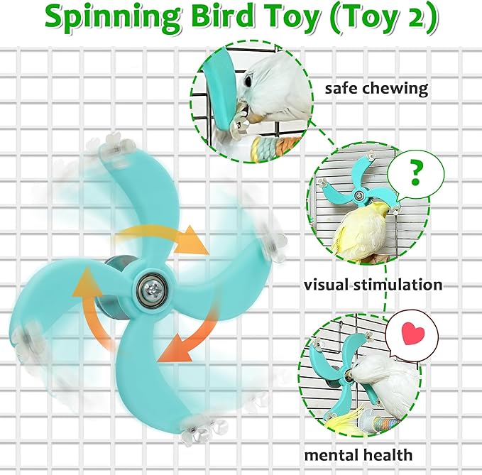 2Pcs Spinning Parakeet Toys and Anti-Slip Spiral Perches Set, Rotating Budgie Toys for Boredom, Bird Enrichment Spinner for Parakeets for Cage Accessories, Cockatiel Toys for Inside Cage for Parrots