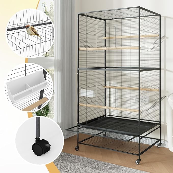 GarveeHome 66 Inch Large Bird Cage, Bird Cage with Rolling Storage Stands, Feed Bowls, Wide Tall Parrot Cage for Parakeets, Conures, Cockatiel, Cockatoo