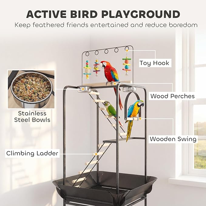 PawHut 64" H Rolling Bird Stand Parrot Playstand with Seed Guard & Wheels, Steel Bird Playground Gym with Ladders, Swing, Toy Hook & Bowls, Large Parrot Perch for Cockatiels, Conures, Parakeets