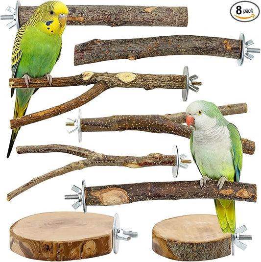 8 PCS Bird Perch Set for Cage - Natural Apple Wood Platforms & Hardwood Branches for Parakeets, Budgies, Cockatiels - Small Bird Habitat Gym, Climbing Stand & Safe Chew Toys