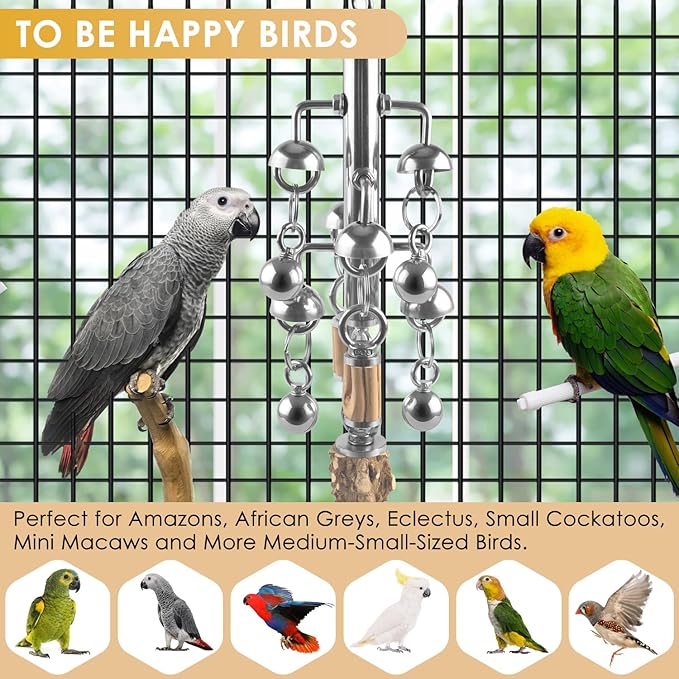 KATUMO Large Bird Toys, Natural Wooden and 304 Stainless Steel Bell Toy for Parrots, 1.46 LB Heavy Birds Cage Toy for Amazon Parrot, African Greys, Budgies, Lovebirds, Cockatiels,Cockatoo