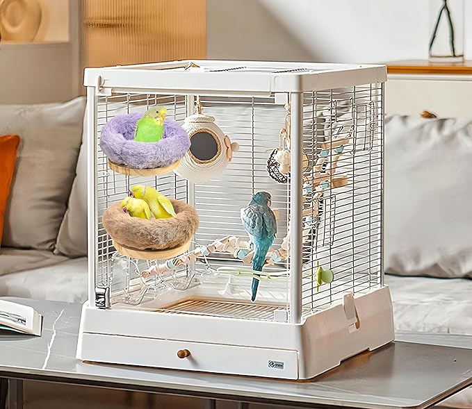 2Pcs Bird Perch Stand Platform Plush Parrot Hanging Hammock Warm Bird Nest Snuggle Hut Birds Sleeping Bed Wood Perch for Parrot,Budgies,Parakeet,Cockatiels,Conure,Lovebirds-Purple&Brown