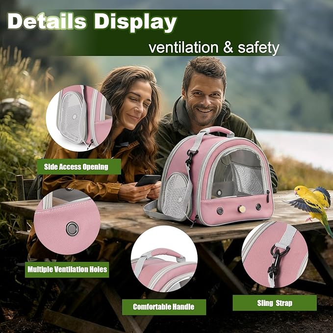 Portable Parrot Travel Cage Carrier with Small Swing Toy&Cage Colorful Toys Set Small Bird Parakeet Bag with Standing Perch Bird Carry Transport Bag (Pink, Carrier/Swing)