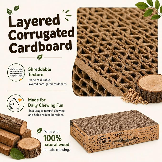 Agape Shreddable Bird Cardboard Platform, Natural Bird Chew Toy and Resting Perch for Small & Medium Parrots, Cage Mounted Paper Toys for Budgies, Lovebirds, Cockatiels & Conures, Supports Beak Health
