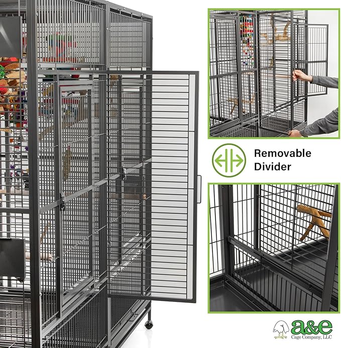 A&E Cage Co 8040FL Double Macaw Cage 80"x40"x74" Extra Large Parrot Cage with Divider, Swing-Out Feeder Doors, Stainless Steel Bowls & Perches, Heavy Duty for Macaws Cockatoos
