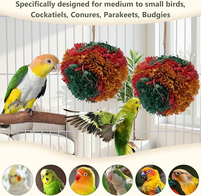 Hypeety 4” Colorful Shredding Ball Bird Toys for Parrots Funny Crinkles Foraging Toys for Birds Easy to Hang Natural Shredder Ball Chew Toys for Cockatiels Conures Parakeets Budgies (2 Packs)