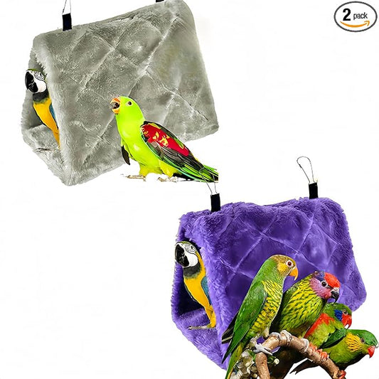 2 Pack Warm Bird Nest House Plush Hanging Snuggle Cave Bed Hanging Hammock Sleeping Bed Happy Hut for Parrot Parakeet Cockatiel Conure Cockatoo African Grey Macaw (Grey&Purple)