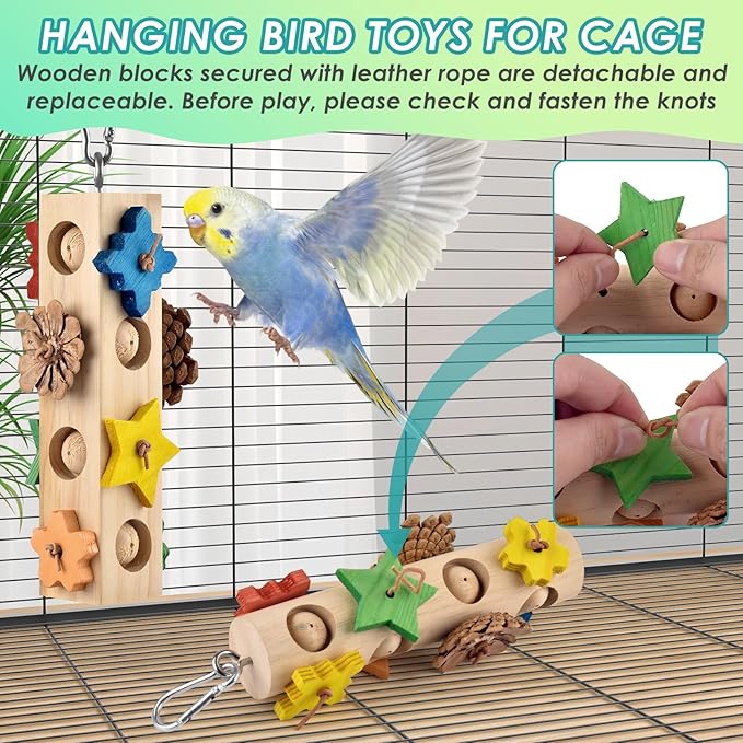 DBNESS Bird Toys for Parrot, 2 Pcs Hanging Colorful Wood Blocks Pine Cones Parakeet Chew Foraging Toy for Beak-Grinding, Cage Accessories for Small to Medium Budgies, Cockatiels, Caiques, Conures