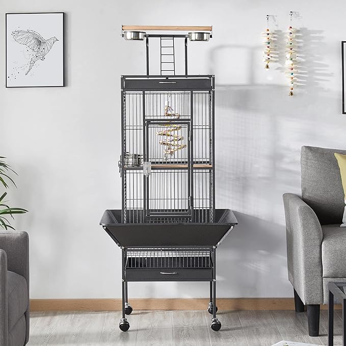 Topeakmart 61.5-inch Wrought Iron Selection Play Top Large Parrot Bird Cage, Black