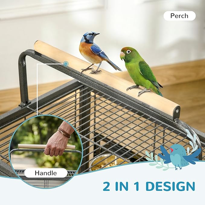 PawHut 18" Heavy Duty Wrought Iron Travel Bird Cage Carrier with Handle Perch and Accessories - Black