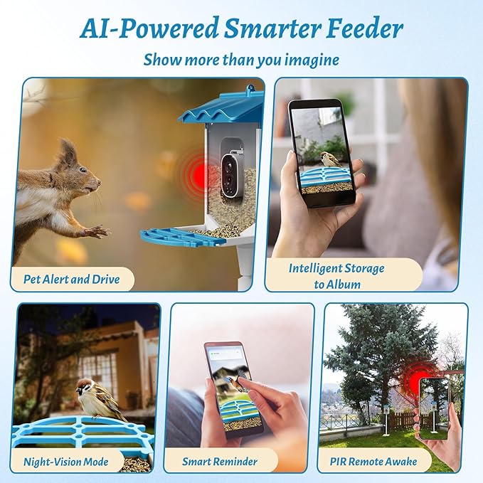 TROPOW Smart Bird Feeder with 2K Camera & AI Recognition - Solar Powered, 2L Capacity, Night Vision, App Alerts, Auto Capture Photos/Videos for Bird Watching, Squirrel Deterrent