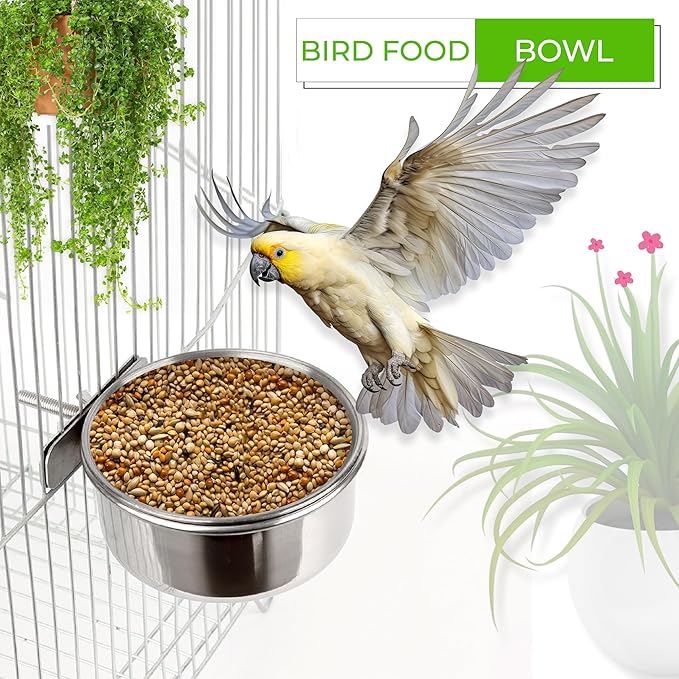 2pcs Bird Cage Feeder Stainless Steel, 10 * 5cm Bird Water & Food Bowl, Durable Bird Cage Accessories, Includes Round Wooden Perch, Bird Feeder Spoon & Water Spout, for Parrots & Small Birds