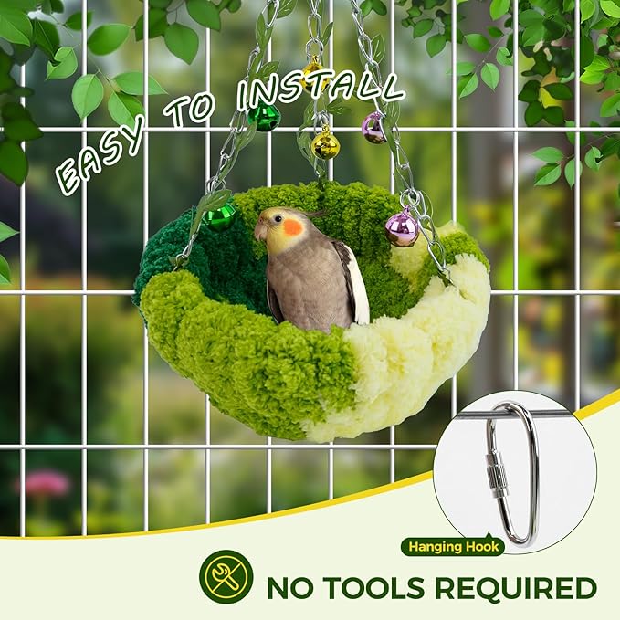 Admaison Bird Nest with Bell for Cage,Plush Hanging Bird Bed for Parakeet Indoor & Outdoor,Breeding Bird House for Conure,Budgie,Cockatiel,Lovebird,Canary,Finch,Hamster,Small Pets,Warm Nest,Green L
