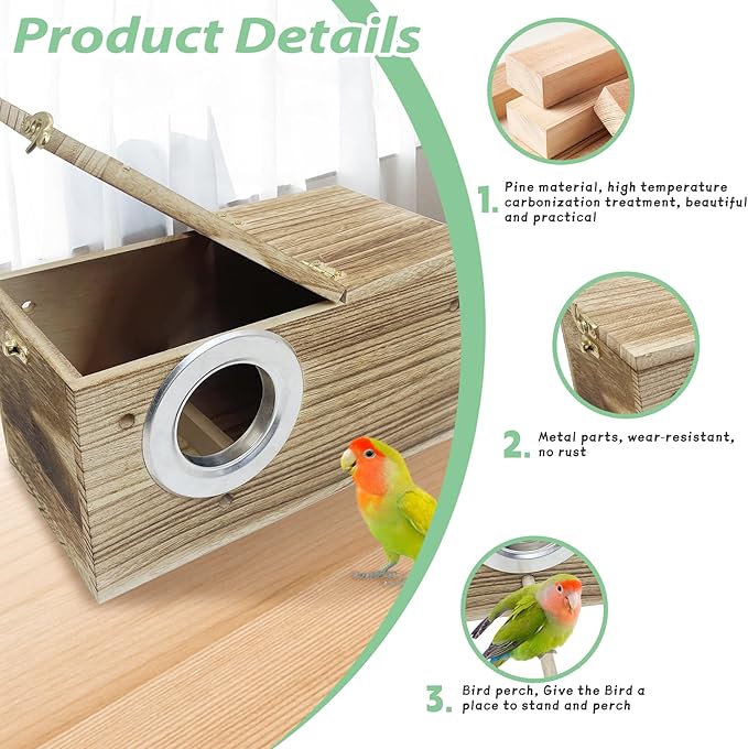PINVNBY Parakeet Nesting Box, Carbonized Wood Bird Box, Wood Breeding Box for Birds, Budgie Lovebirds Conure Finch Parrot Canary (L: 11.8 x 5.9 x 5.9 inch)