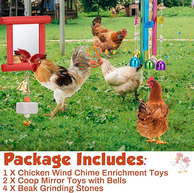 VioraWhite 7 Pcs Chicken Toys, Hanging Chicken Wind Chime, 2 Pcs Coop Mirror Toys with Bells 4 Pack Beak Grinding Stones, Musical Coop Accessories for Hen Rooster Chick Poultry Bird(Rose Red, Blue)