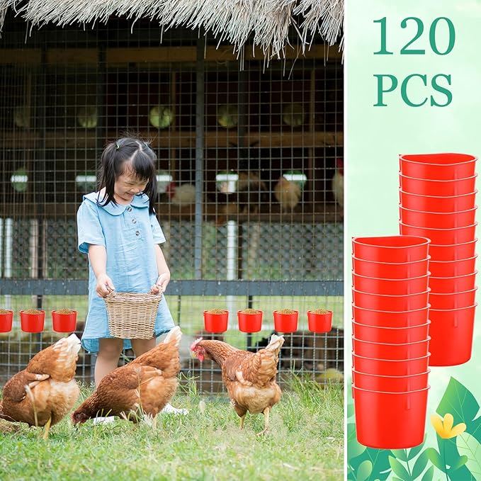 Ziliny 120 Pcs Cage Cups Chicken Birds Feeder Cups Plastic Hanging Chicken Feeders and Waterers 8 oz Feeding Bowl for Gamefowl Supplies Pet Pigeon Poultry Parrot Parakeet Rooster Rabbit(Red)