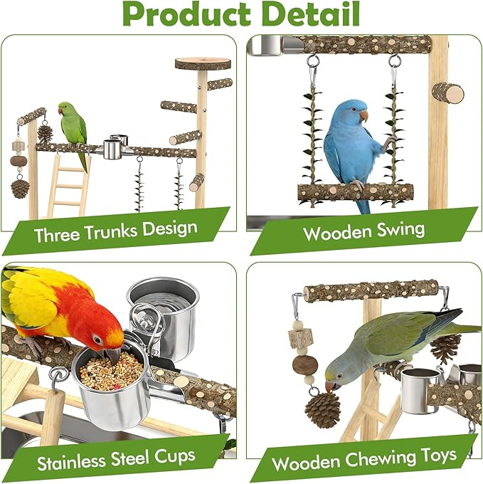 Bird Playground，Natural Wood Bird Perch Stand Parakeet Playground with Swing, Ladder & Feeder Cups，Birds Play Stand for Cockatiel Parakeet Lovebirds Conure