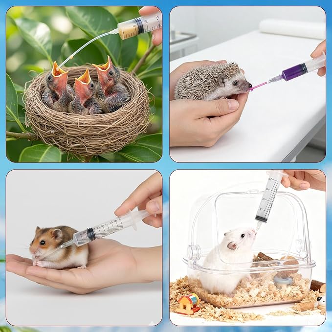 Baby Bird Feeding Syringes, Parrot Hand Syringe Feeder with Soft Tubes, Syringes with 5.94” Tube for Cat Dog Small Animals, Plastic Syringe for Milk Water Liquid Food, Reusable(10ml+10ml+20ml+60ml)