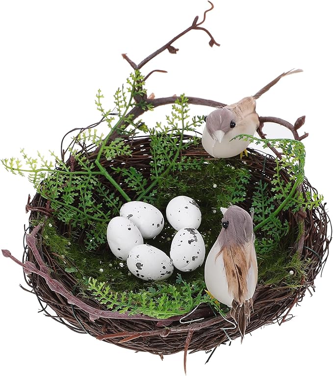 Vine Bird Nest Ornament with 5 Simulation Eggs Easter Decor - Artificial Bird Nest Store Decor for Fake Eggs Yard Garden Home Wedding Christmas Party